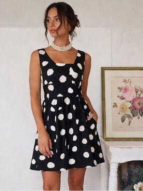 LOFT Petites Black and Ivory Polka Dot Dress 2P